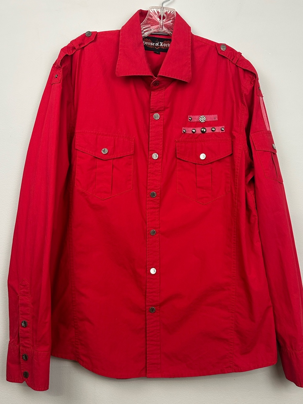 House of Lords Red Embellished Military Style Ling Sleeve Snap Button Shirt L